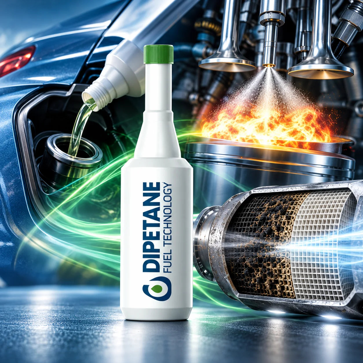 Dipetane fuel treatment with illustrations of fuel injection, engine combustion and exhaust filtration