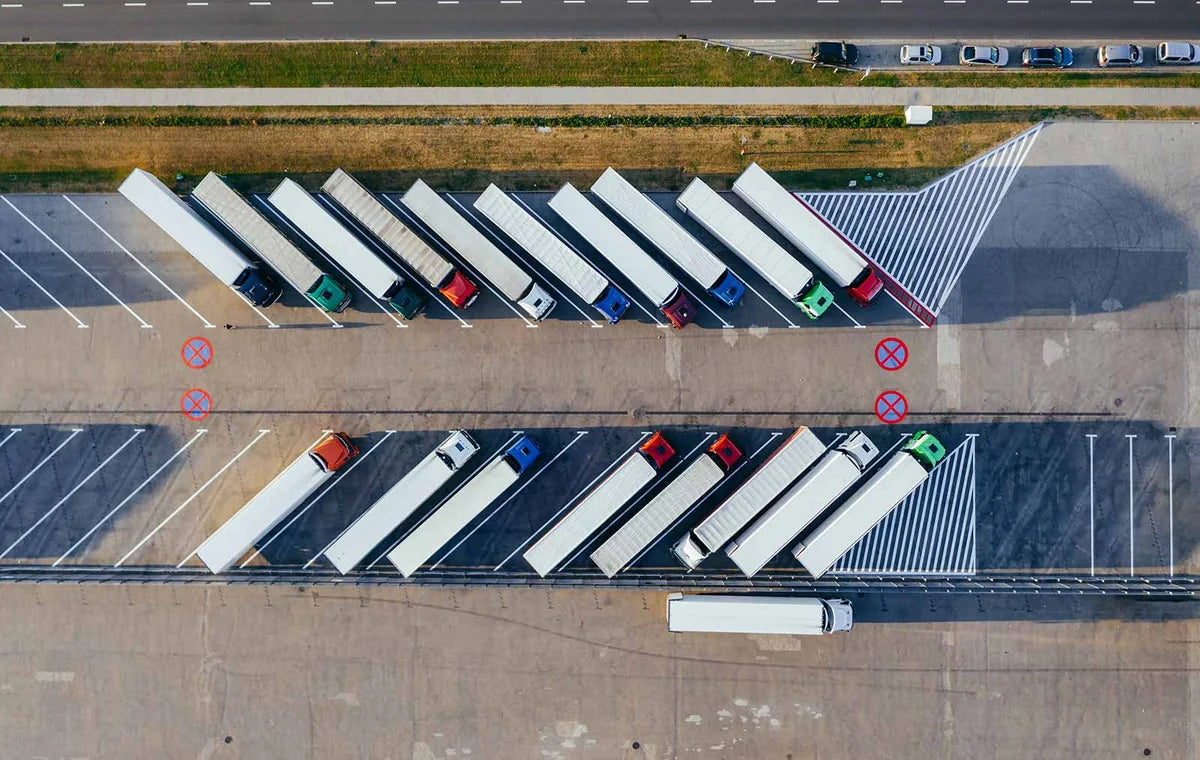 Commercial truck fleet viewed from above