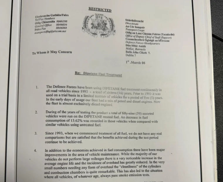Irish Defence Forces letter about historical Dipetane use