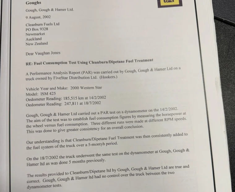 Gough, Gough and Hamer fuel consumption test letter