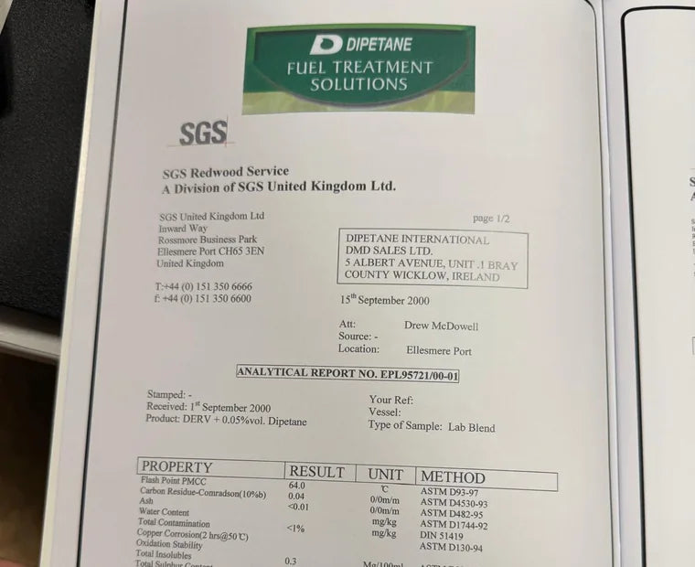 SGS Redwood analytical report for a treated DERV sample